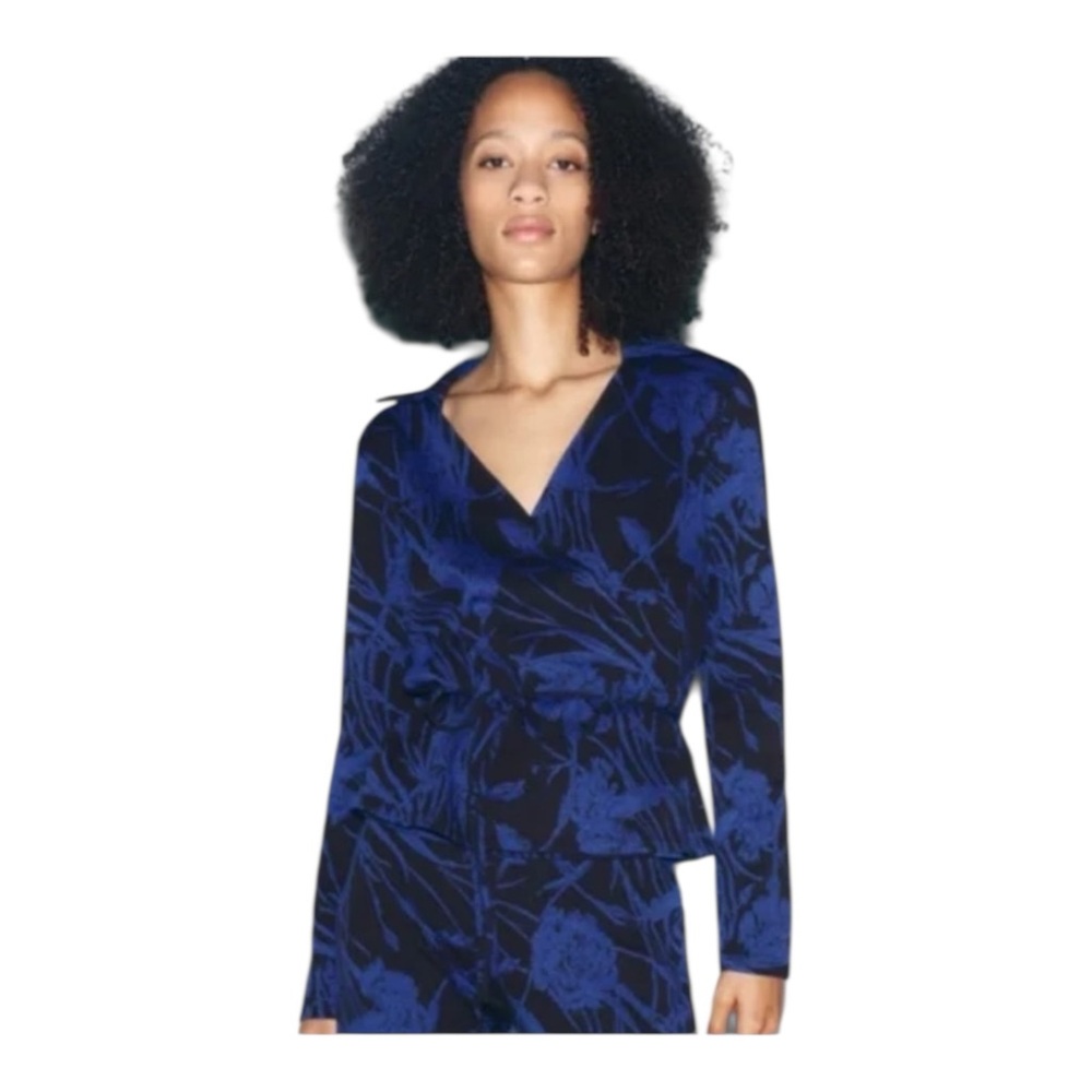 Zara Blouse Floral Jacquard Wrap Blue Black - S NWT